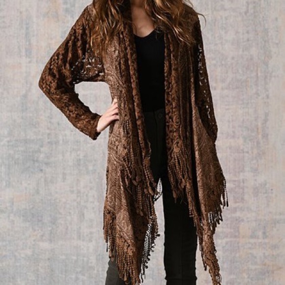 Pretty Angel Tops - 𝅺Pretty Angel Boho Linen Blend Brown Lace Fringe Open Front Cardigan Size S